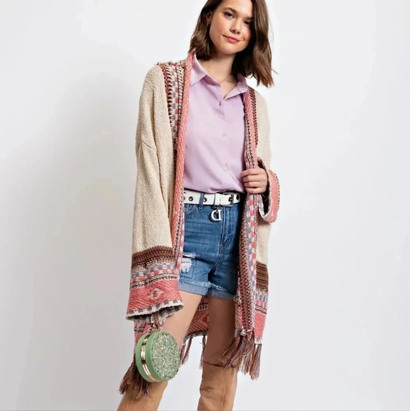 Easel Boho Tribal Pattern Fringe Detail Sweater Cardigan New - Picture 5 of 5